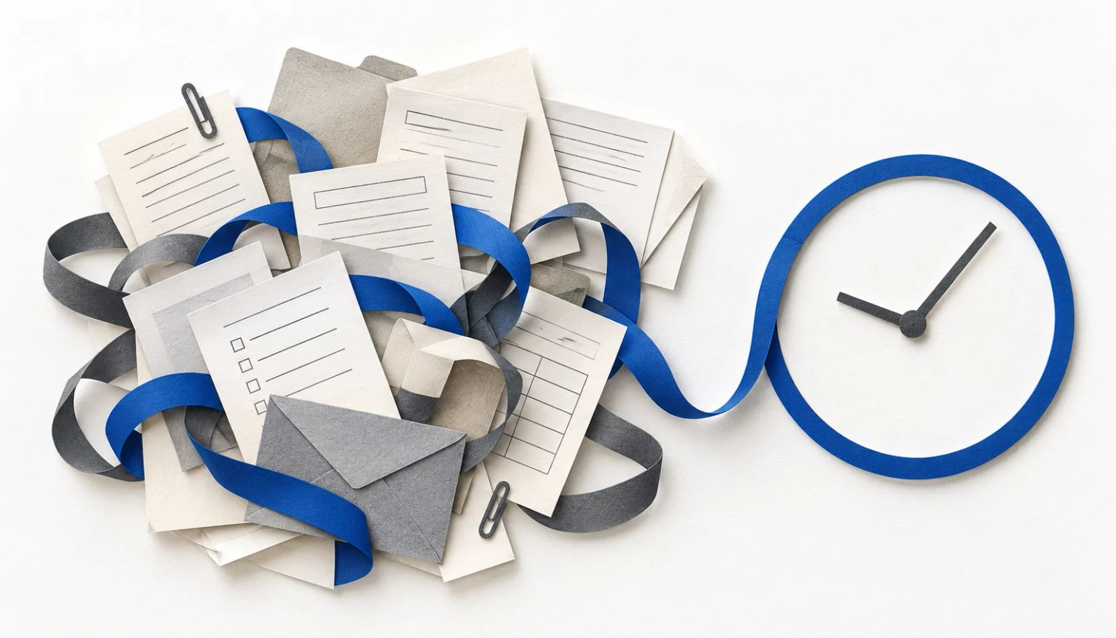 A blue ribbon winds through paper forms and envelopes before forming a clock.