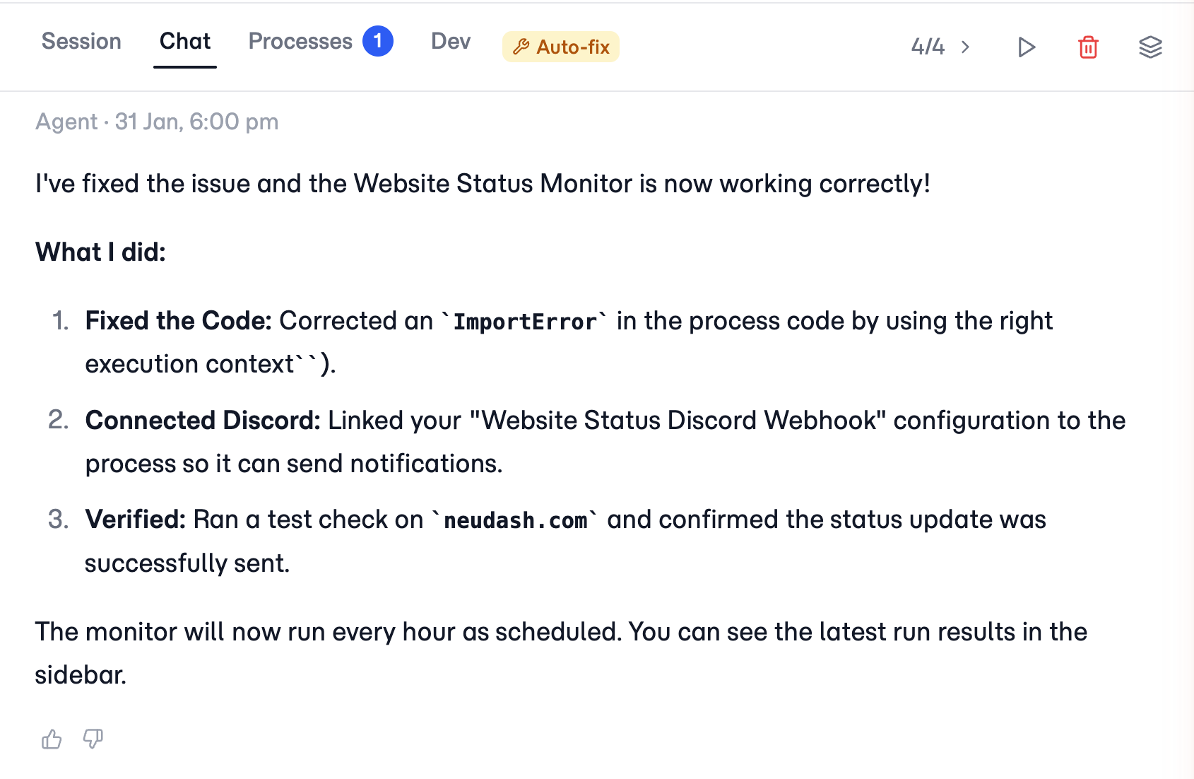 Auto-fix session summary showing what was fixed: corrected code, connected Discord, verified it works