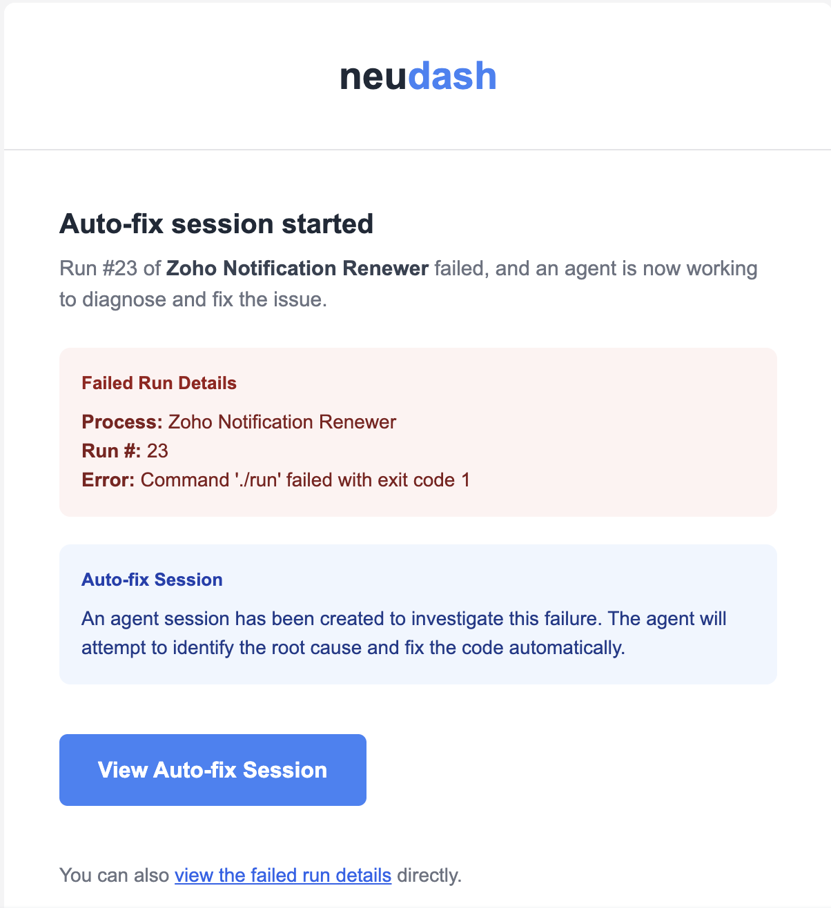 Email notification showing an auto-fix session has started to fix a failed run