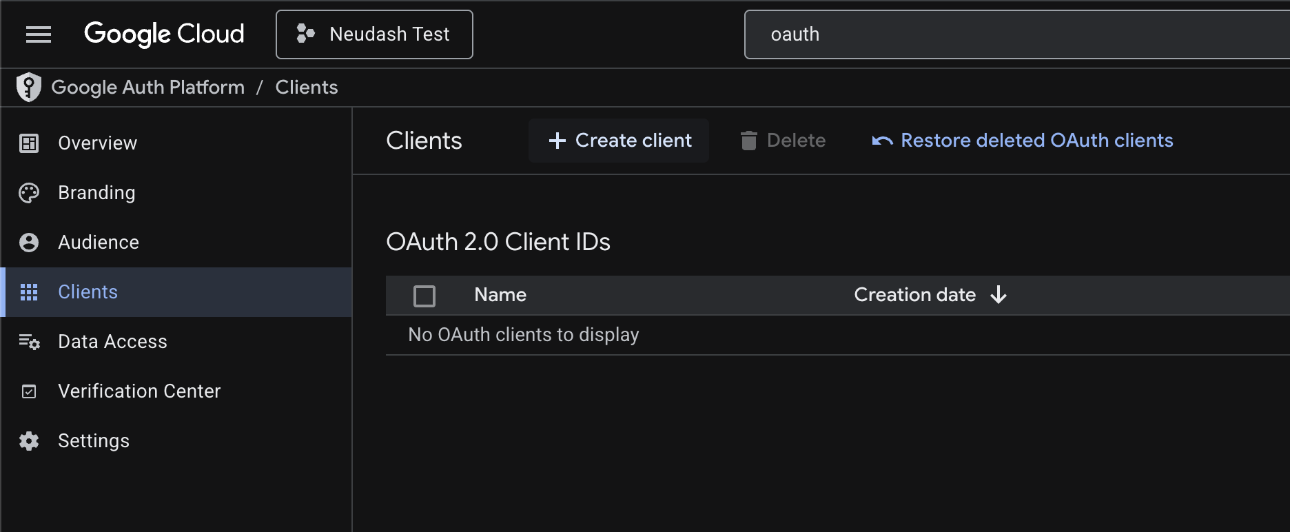 Clients page with Create client button