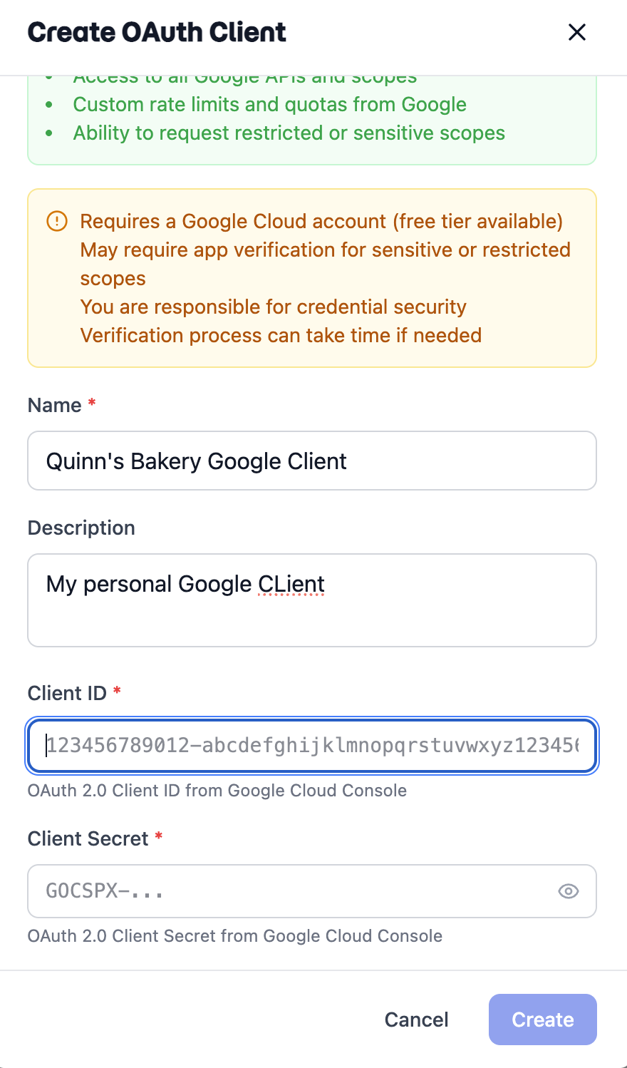 Create OAuth Client form