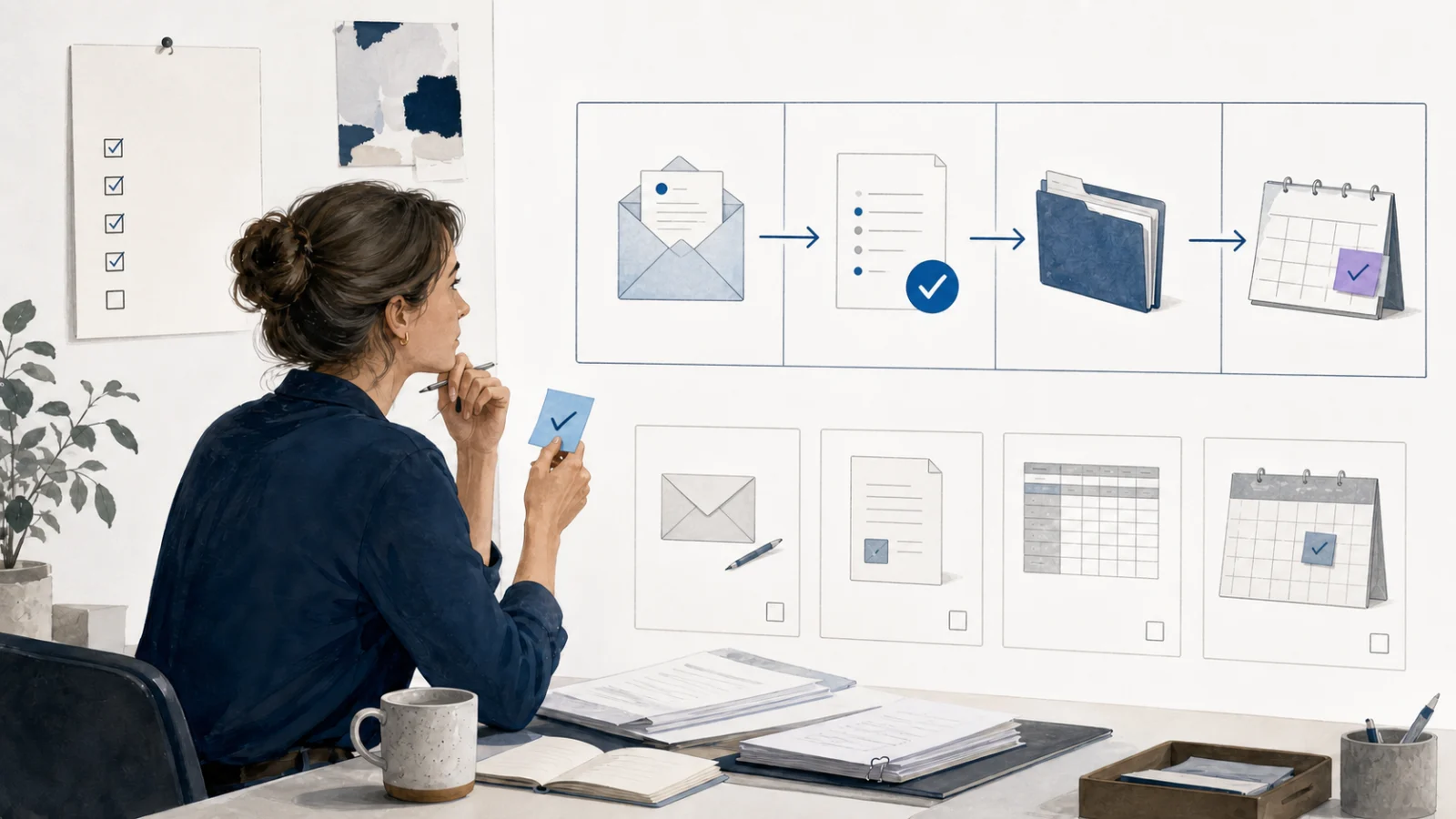 A small business owner selects one repeated workflow from email, documents, spreadsheets, and calendar tasks.