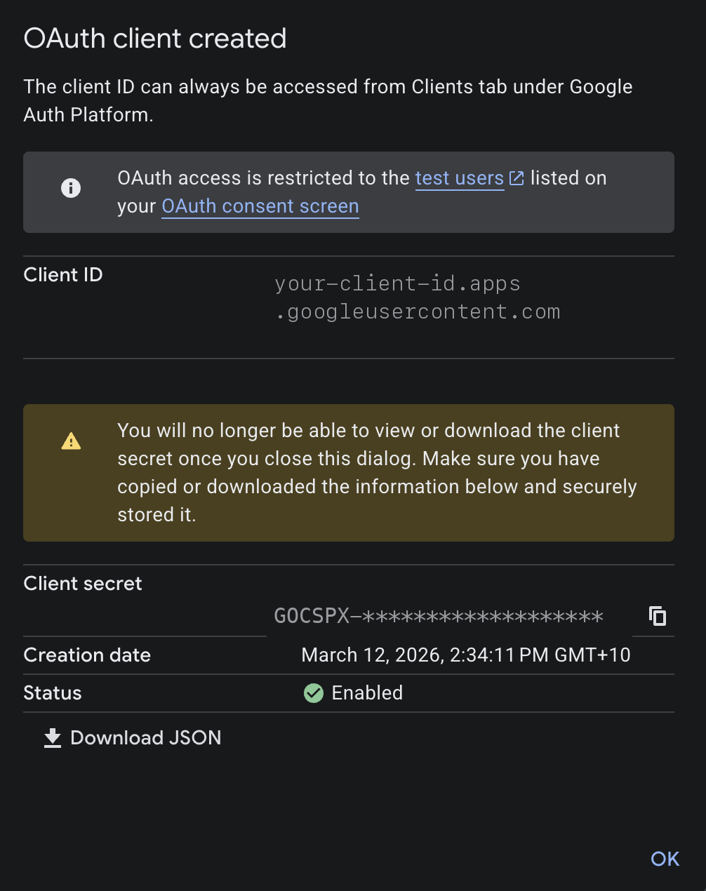 OAuth client created dialog