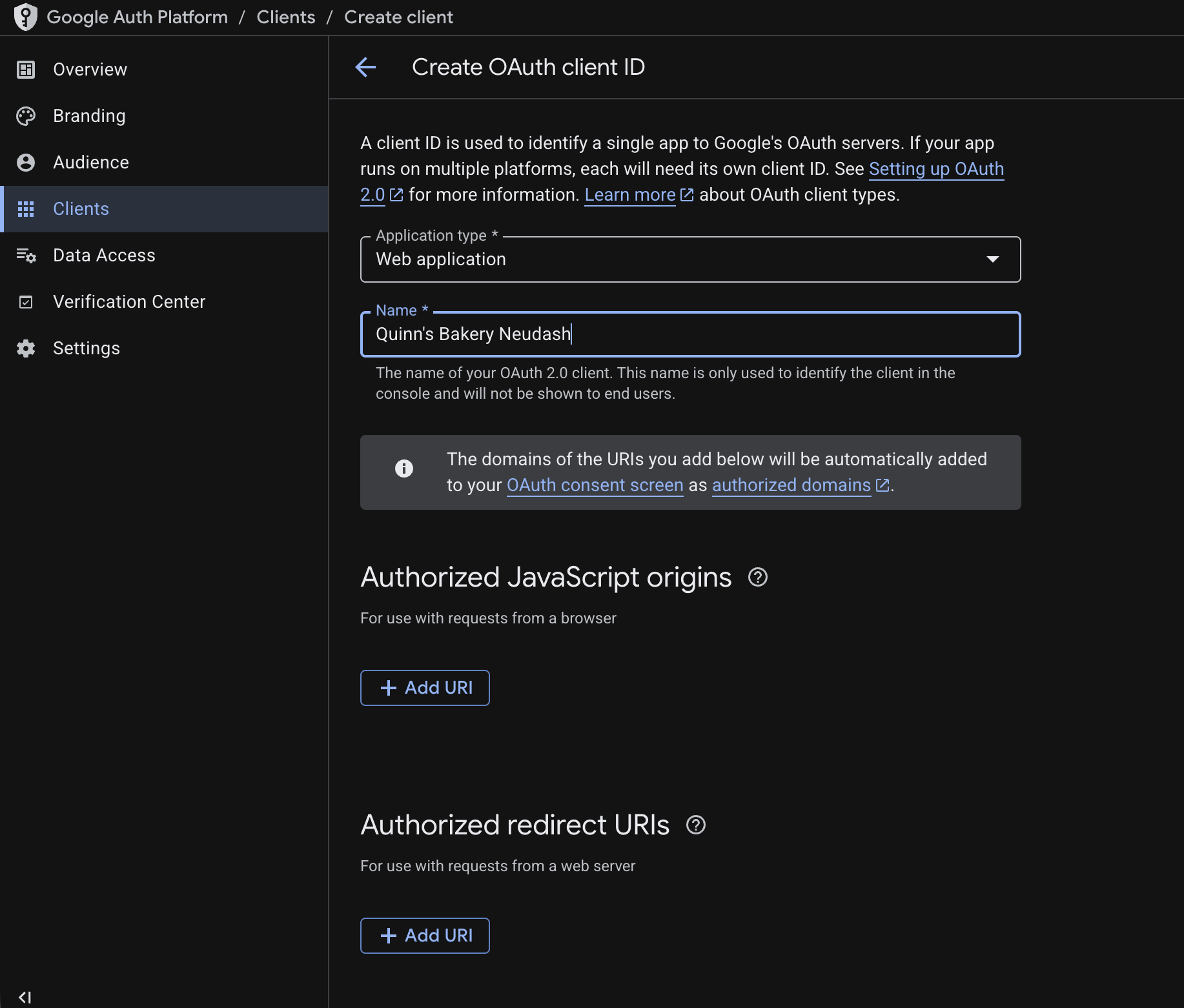 Create OAuth client ID form