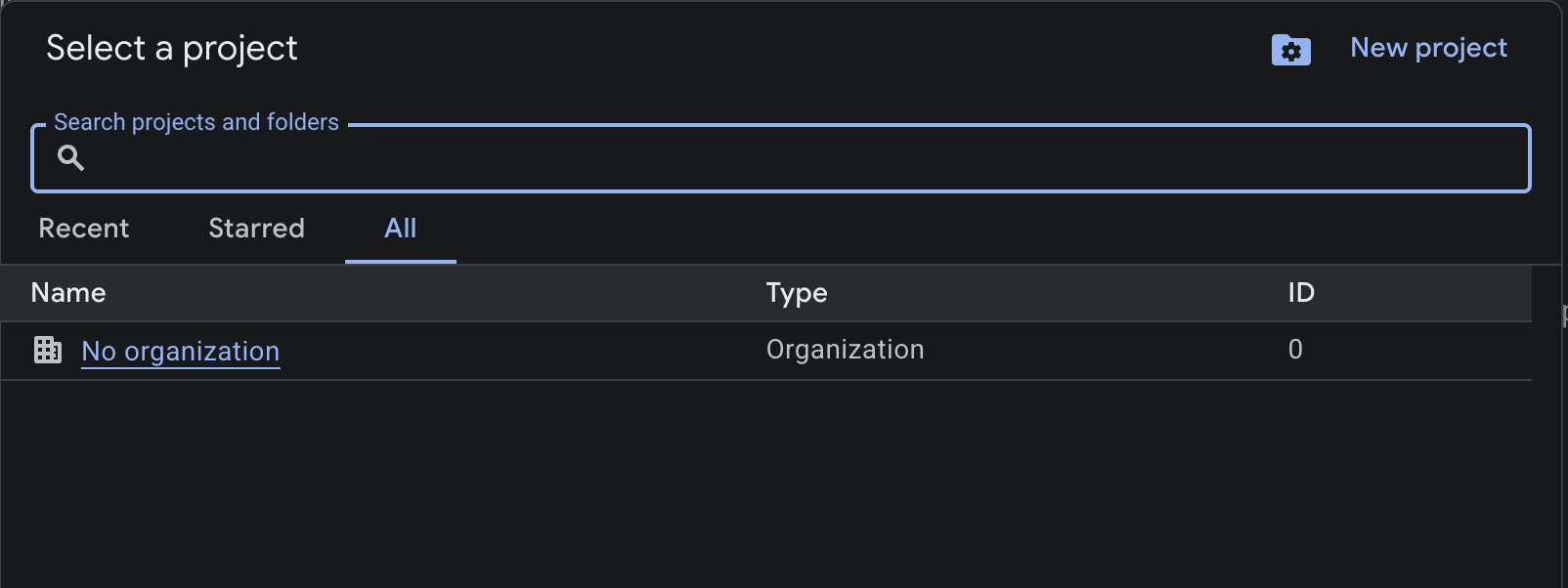 Select a project modal