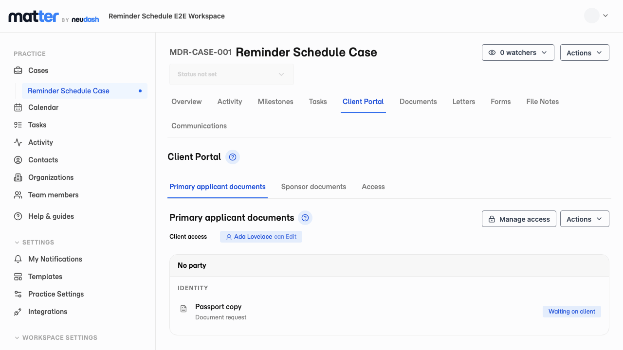 A case in Client Portal with the Access tab beside the document group tabs.