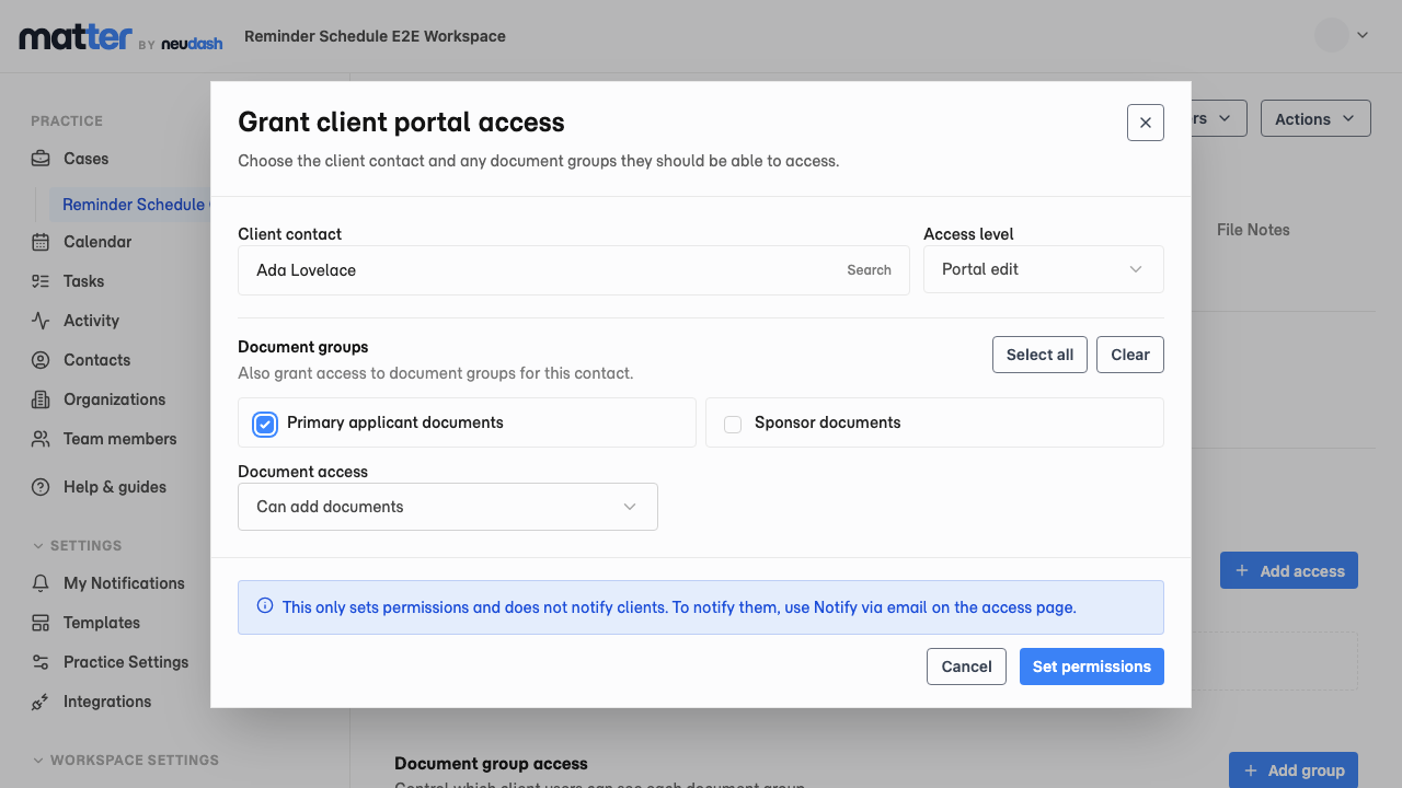 The Grant client portal access window with Ada Lovelace and Primary applicant documents selected.