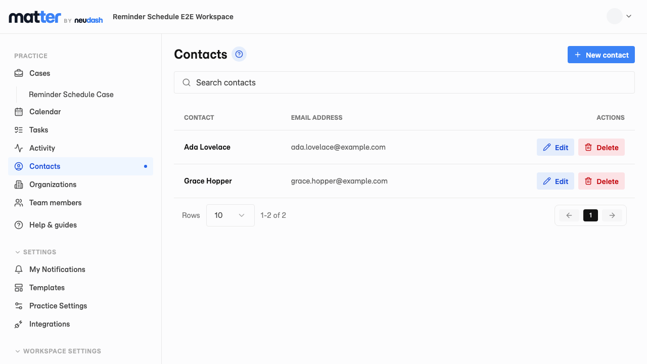 The Contacts page with Ada Lovelace and the Edit button in the same row.