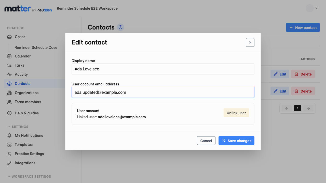 The Edit contact window with the user account email address and Save changes button.