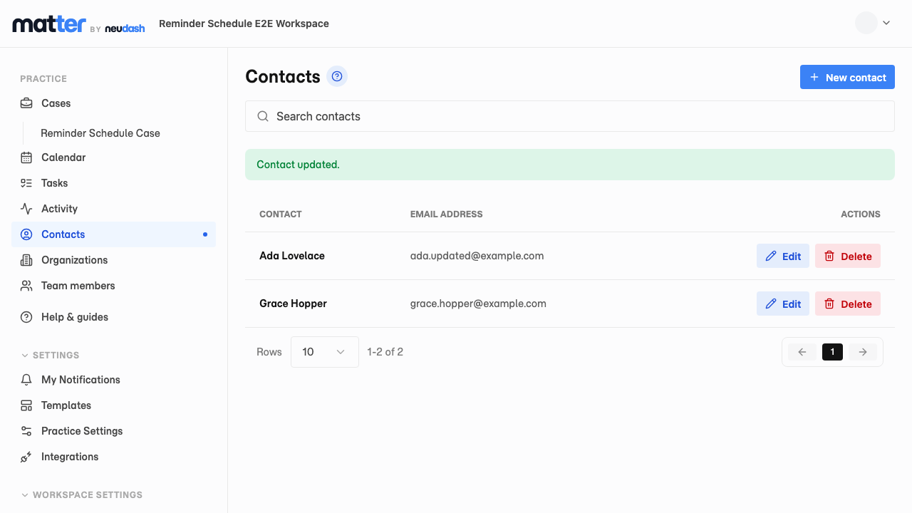 The Contacts page showing the new email address beside Ada Lovelace.