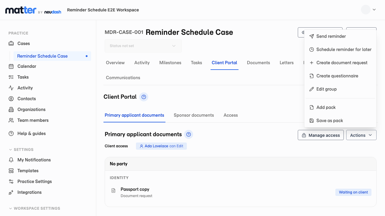 The Primary applicant documents group with its Actions menu open and Schedule reminder for later available.