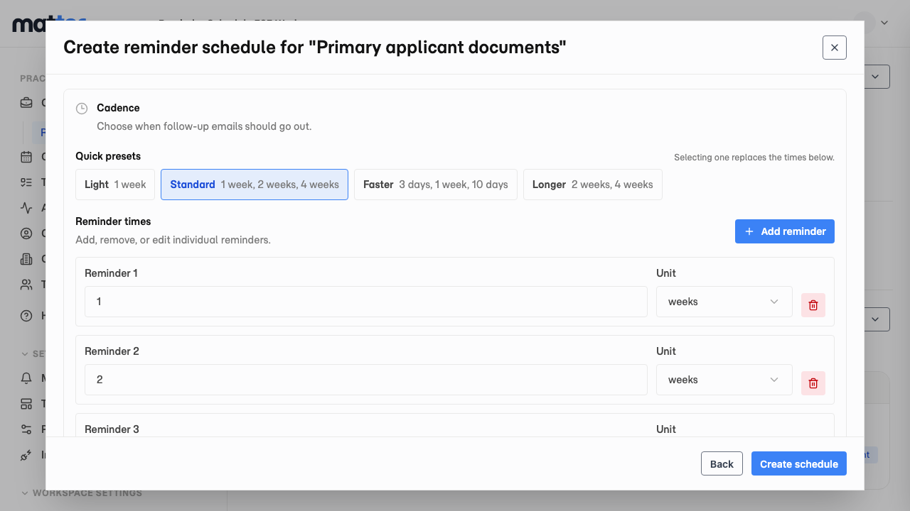 The reminder schedule dialog with the Standard preset selected and three reminder times.