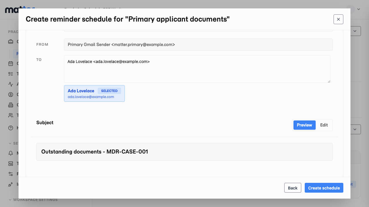 The reminder email settings showing the sender, recipient, and rendered email preview.