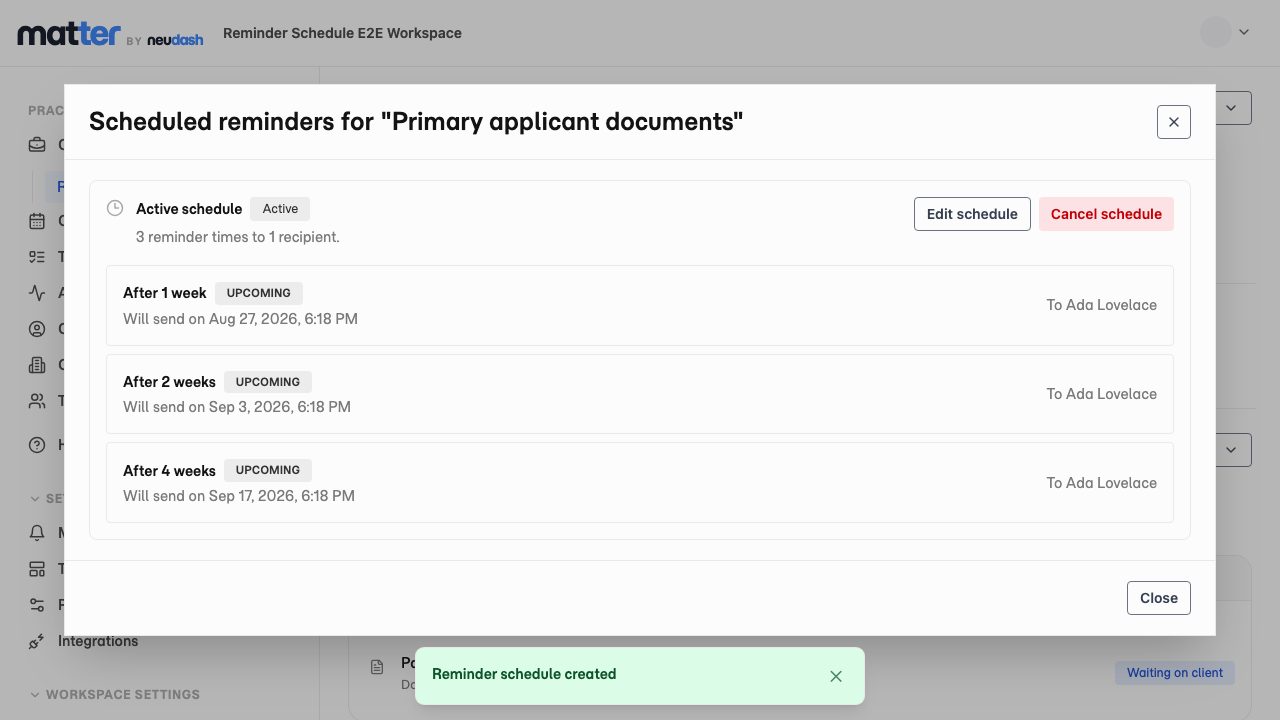 An active reminder schedule with three upcoming reminders for Ada Lovelace.