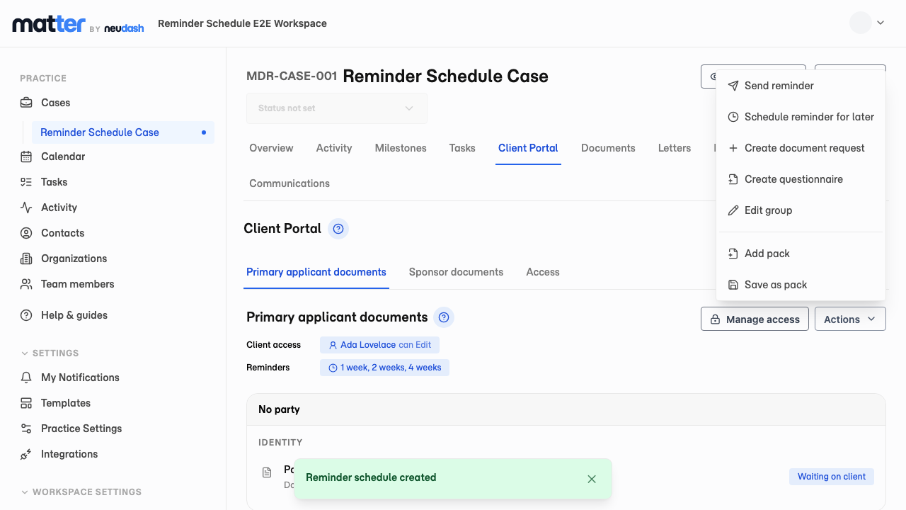 A document group with active reminder times shown under Client access and the Actions menu open.