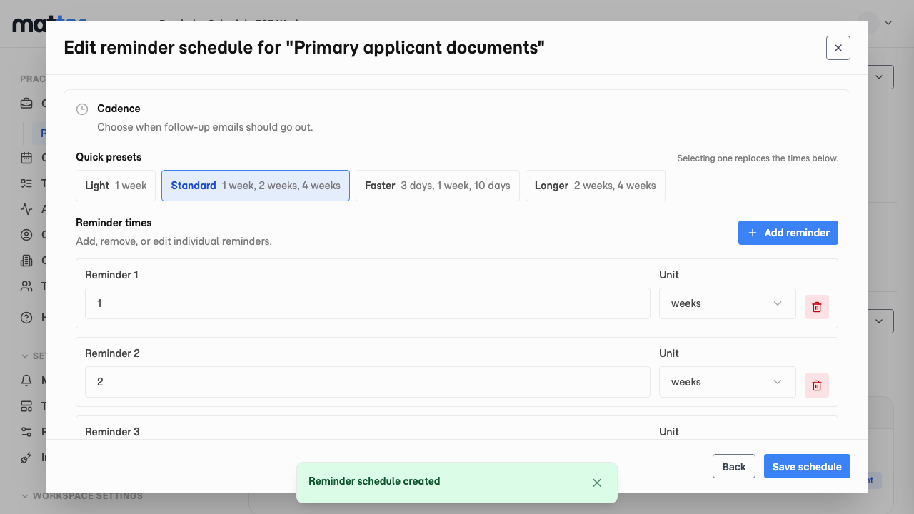 The edit reminder schedule window with preset times, individual reminders, and the Save schedule button.