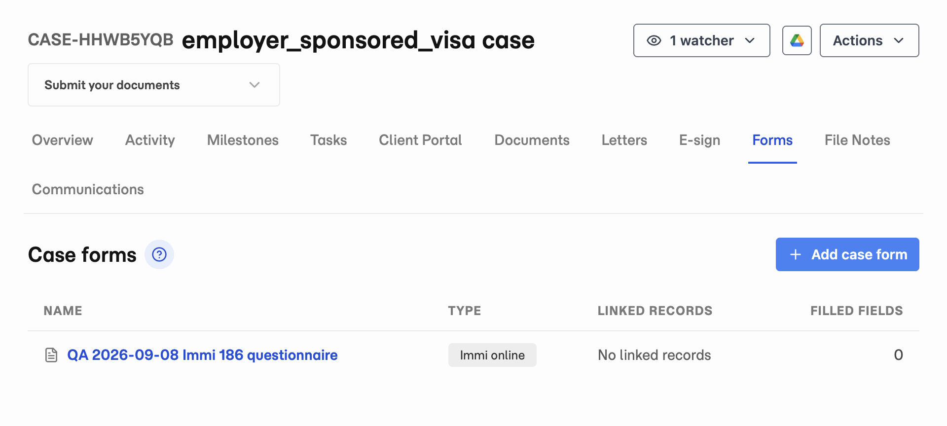 The case Forms tab with the Add case form button above the form list.