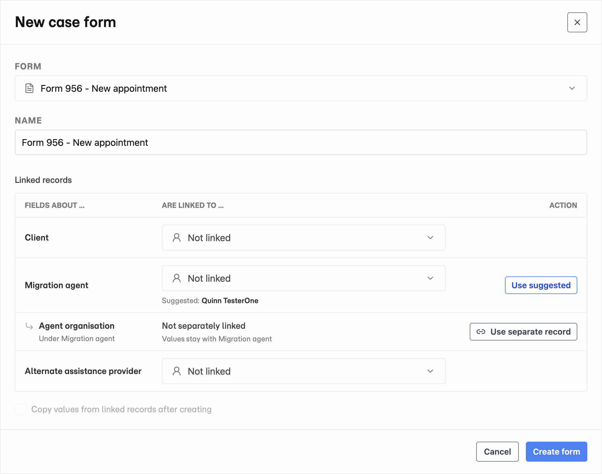 New case form dialog with Form 956 selected, the form name, linked records, and Create form.