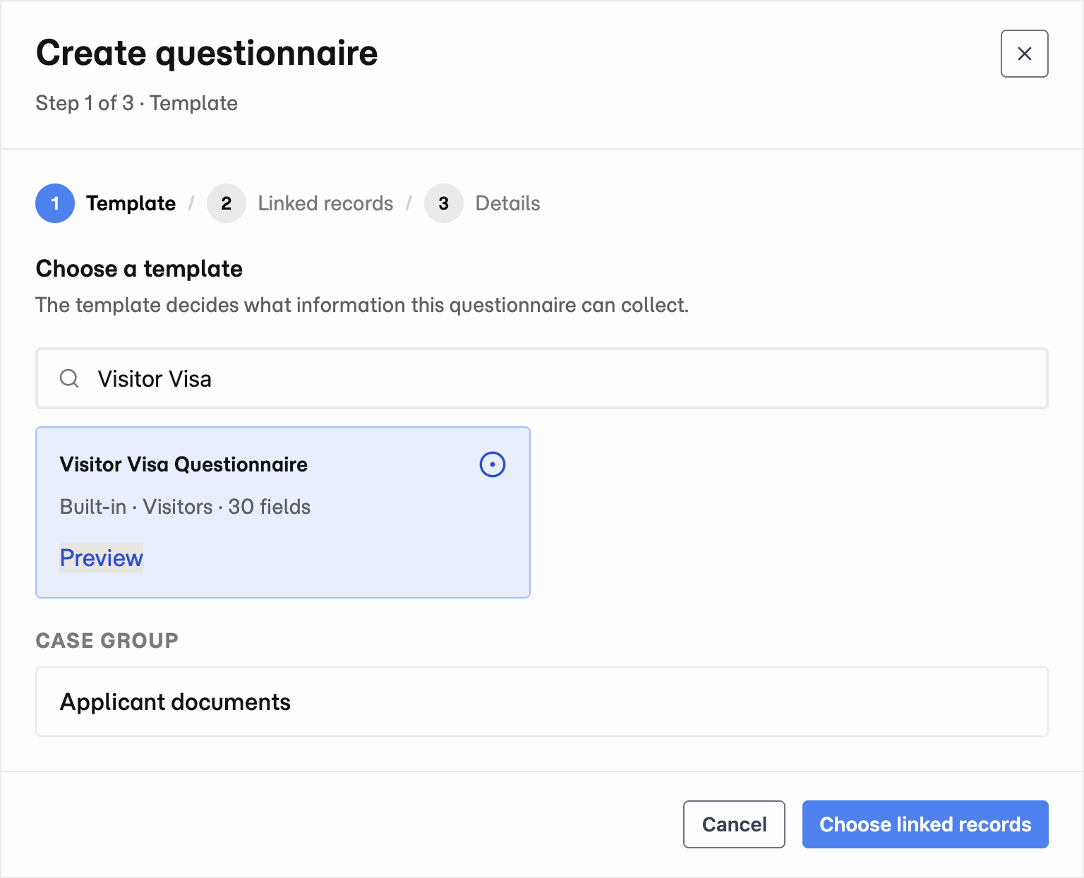 Create questionnaire dialog with the built-in Visitor Visa Questionnaire selected and Applicant documents as the case group.