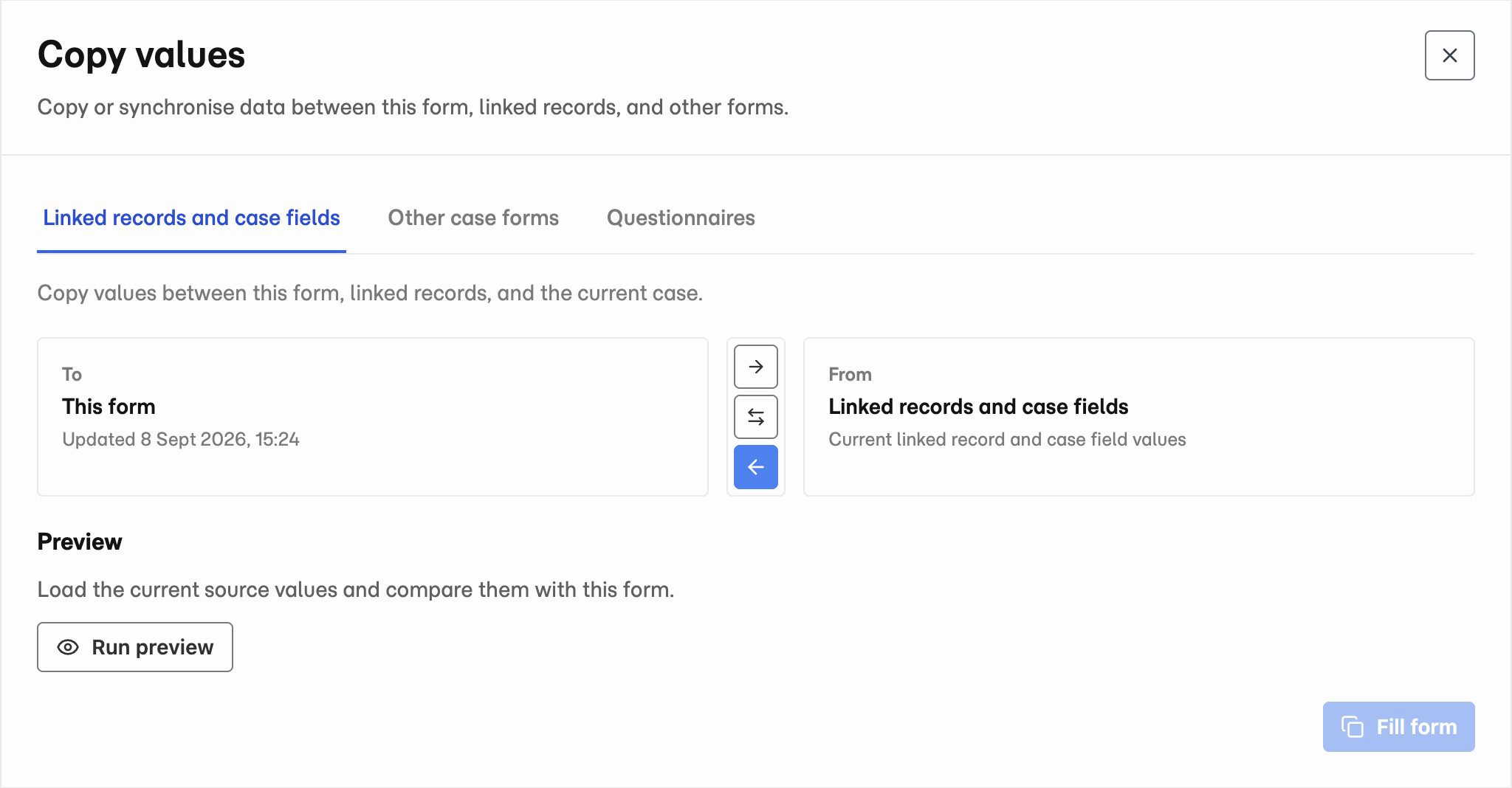 Copy values dialog with Linked records and case fields selected and the direction set to fill this form.
