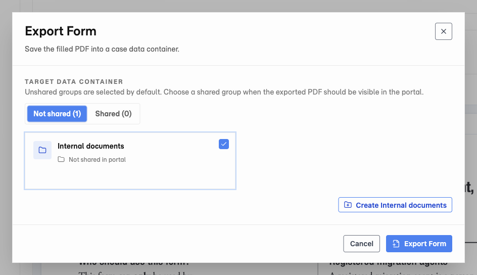 Export Form dialog with Internal documents selected, Not shared in portal shown, and the Export Form button.