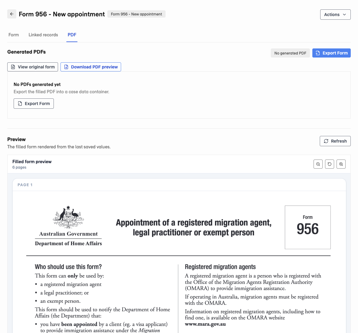 Form 956 with PDF selected, Export Form and Download PDF preview controls, and the official PDF preview.