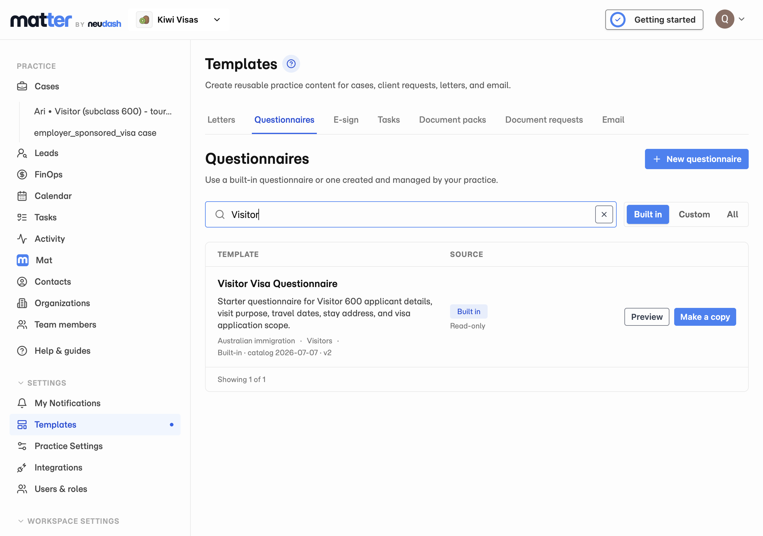 Templates navigation with Questionnaires selected, Built in enabled, and Visitor Visa Questionnaire available to preview.