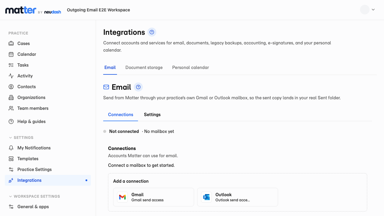 The Email integration page with Gmail and Outlook shown under Add a connection.