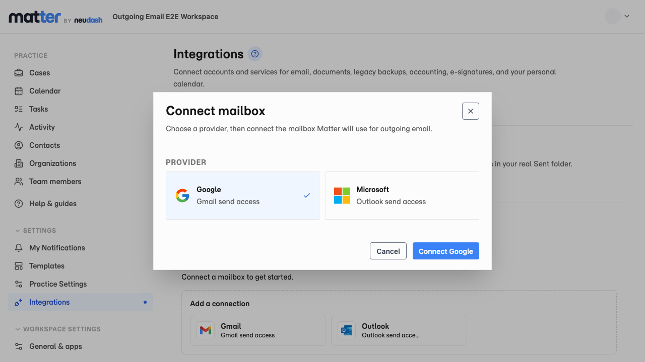 The Connect mailbox window with Google and Microsoft provider options.