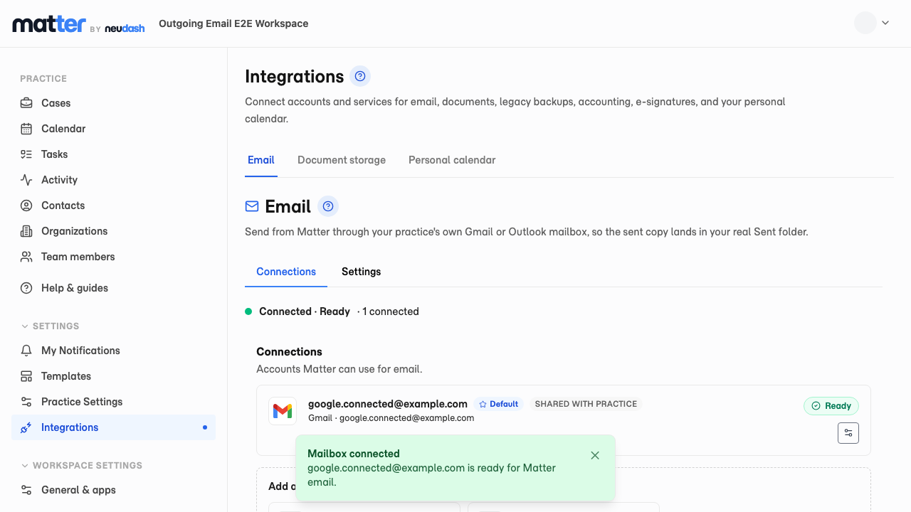 The Email integration page with a connected Gmail mailbox marked Ready.