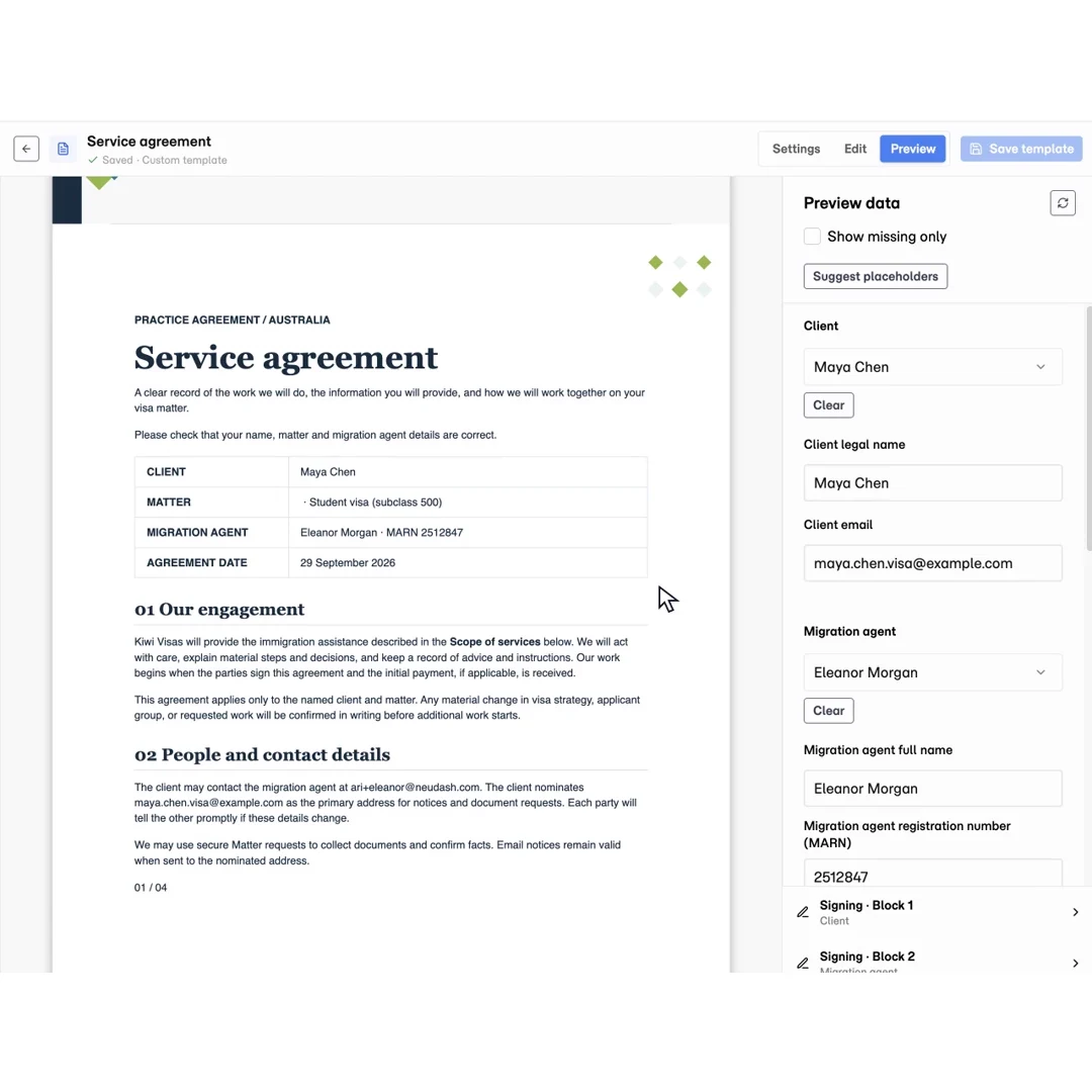 Preview of an imported service agreement design in Matter, using demonstration client details.