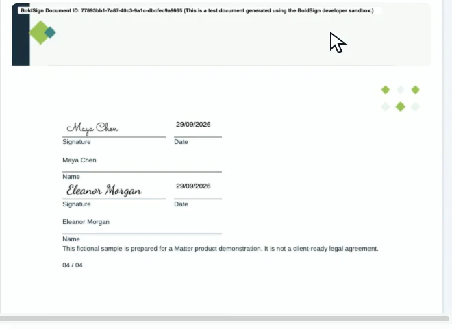 A signed service agreement in Matter showing the client and migration agent signatures.