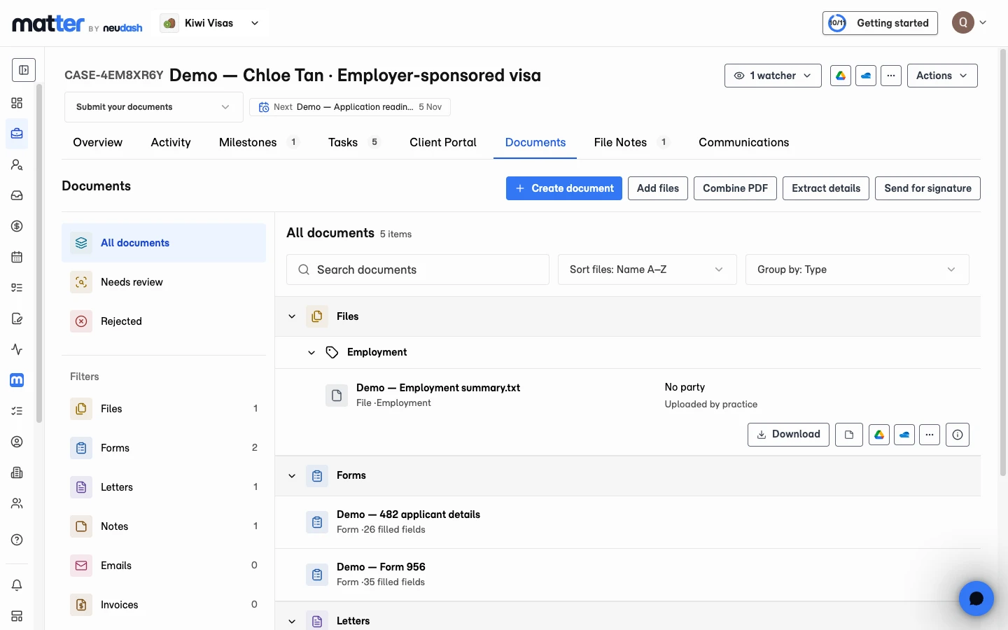 Documents, forms and related work in the fictional Chloe Tan case.