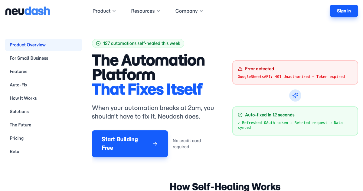 Neudash product view showing workflow monitoring and self-healing activity.