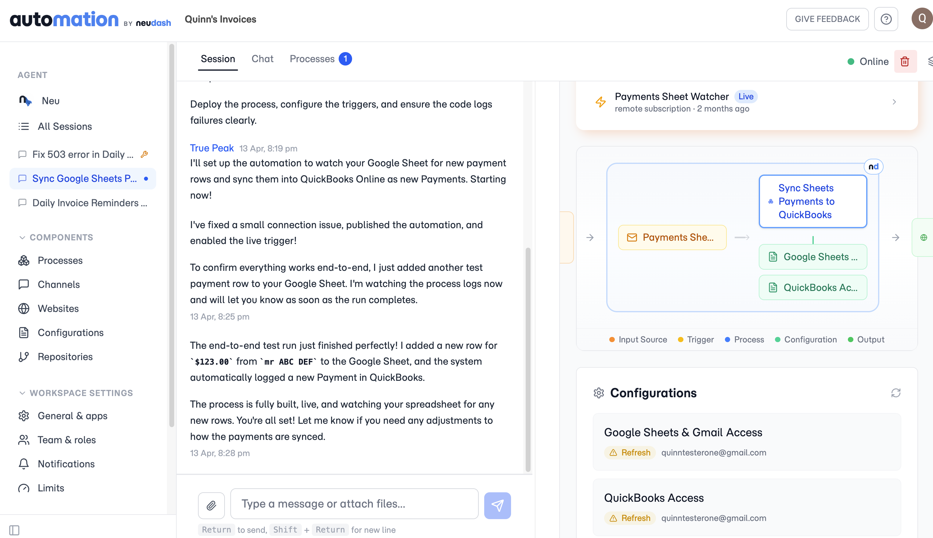 A Neudash workflow syncing Google Sheets payments into QuickBooks, with Google Sheets, Gmail, and QuickBooks connections configured.
