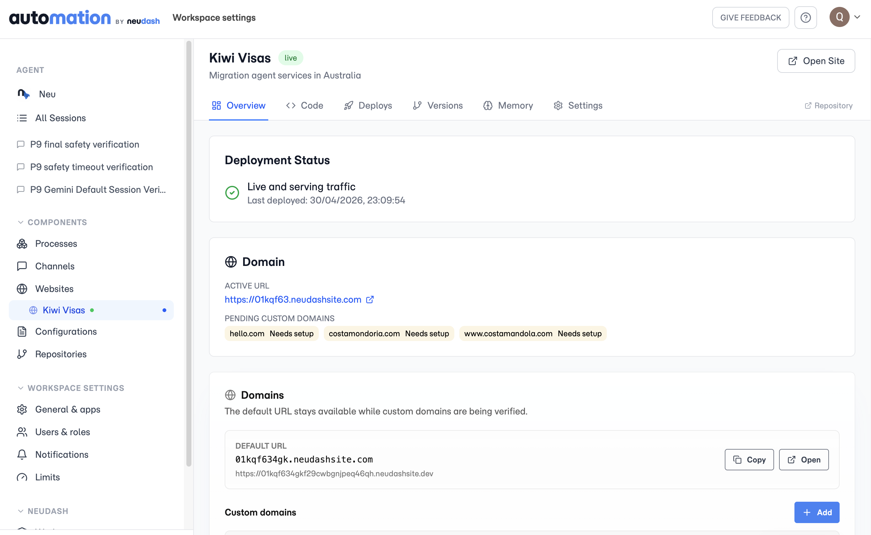 A Neudash website in the workspace, live and serving traffic with a custom domain attached.