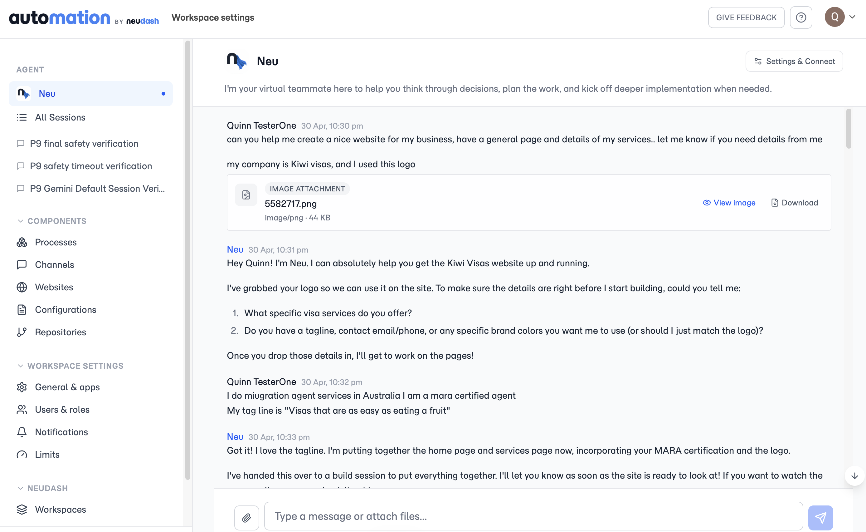 The Neu workspace agent in Neudash, working across sessions with the workspace and its data.
