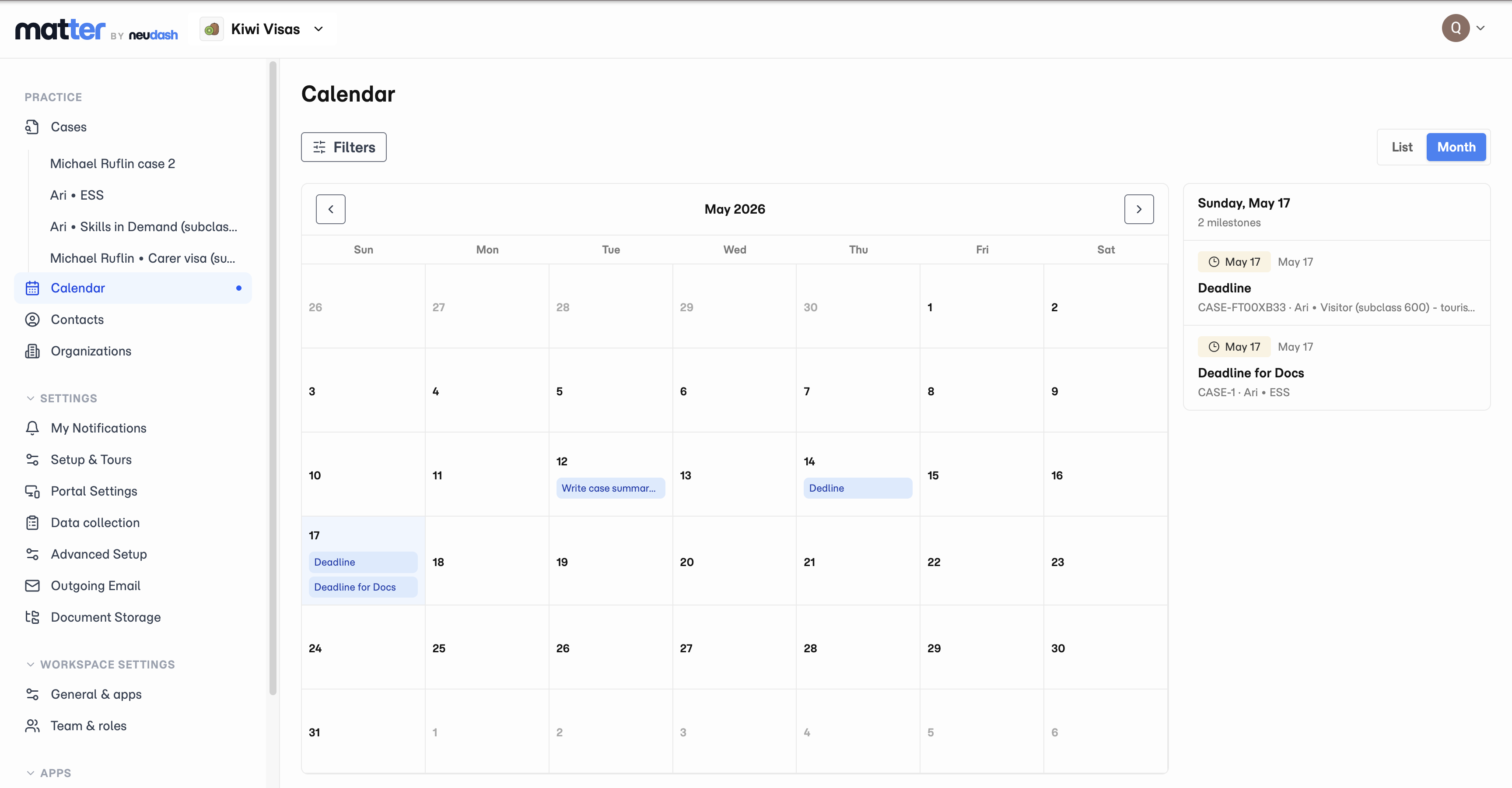 Matter agent portal calendar showing case milestones and deadlines across the practice.