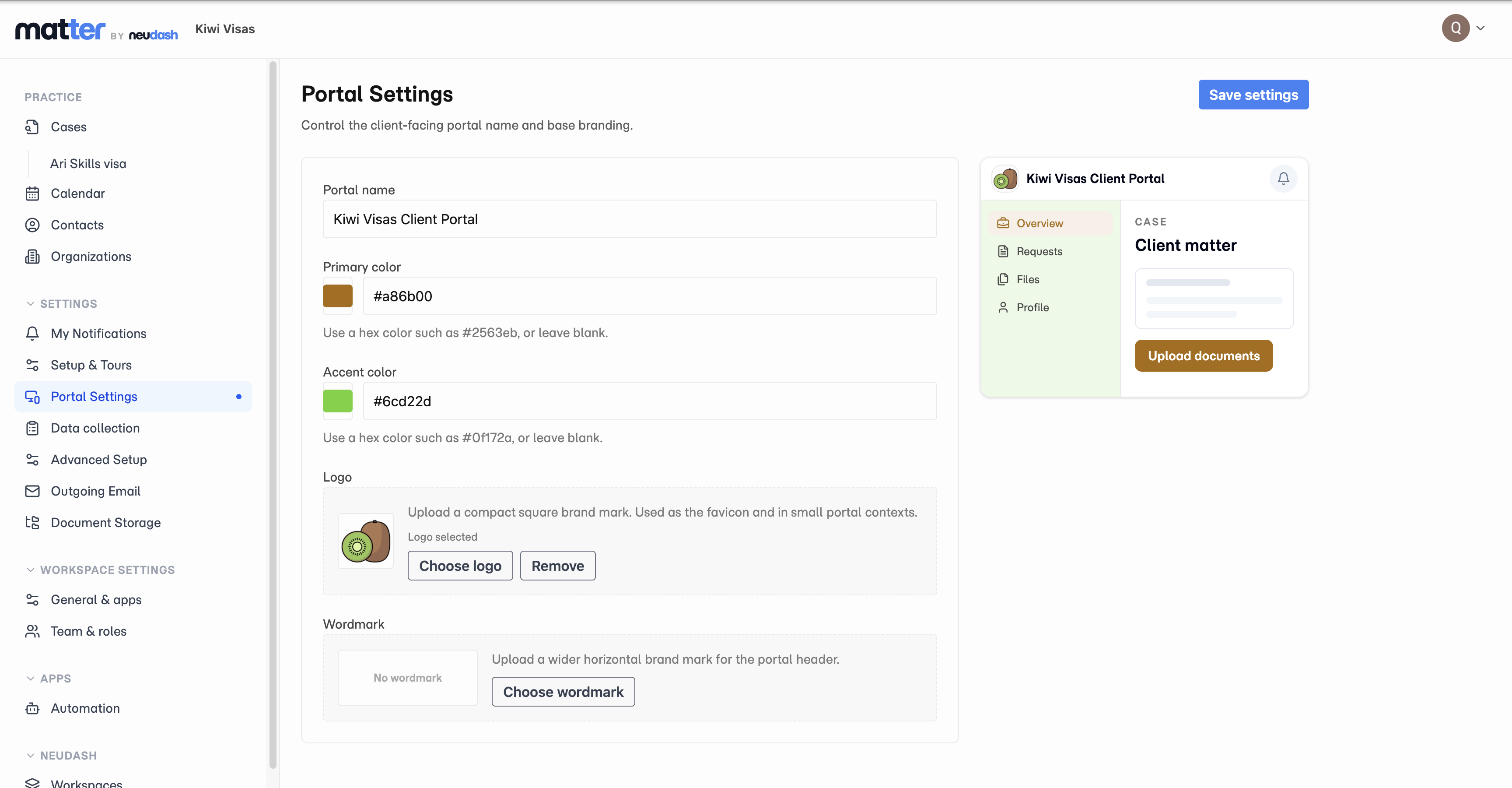 Matter agent portal settings showing client portal branding configuration, including colours and logo.