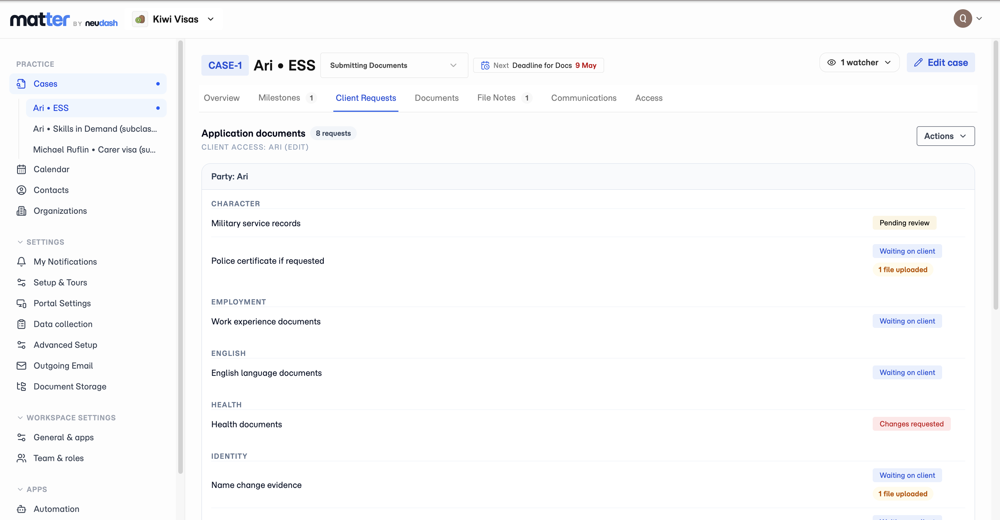 Matter agent portal document requests showing upload status.