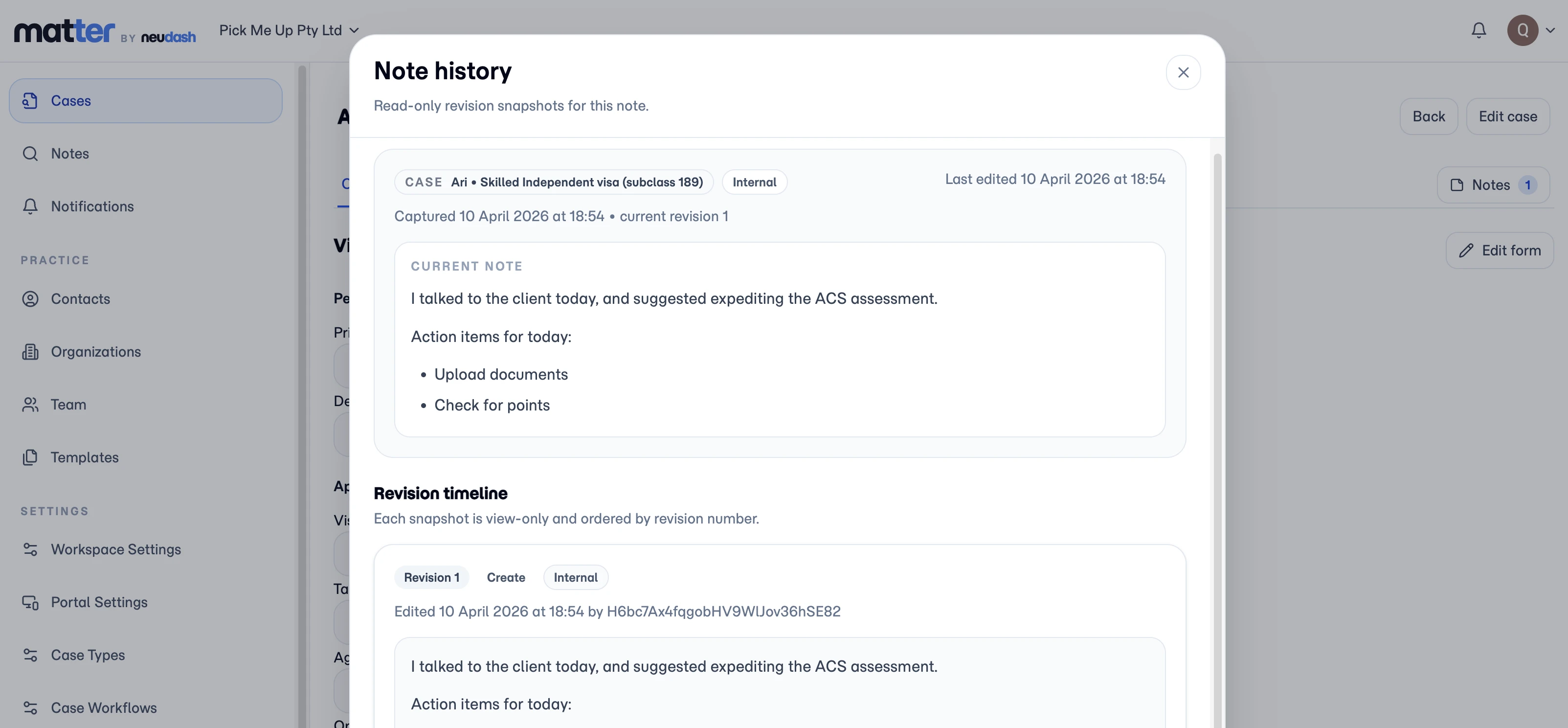 Matter note history showing the current note and earlier revisions with timestamps.