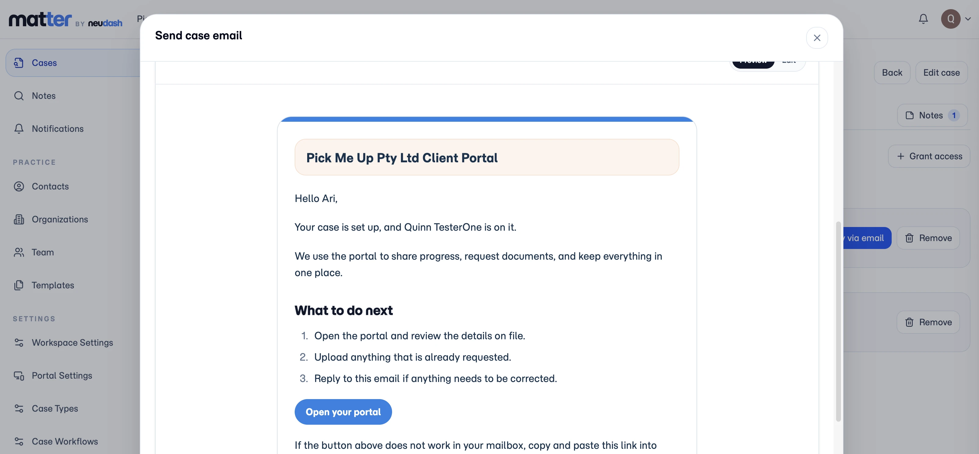 Matter send case email screen with a client portal welcome email draft.