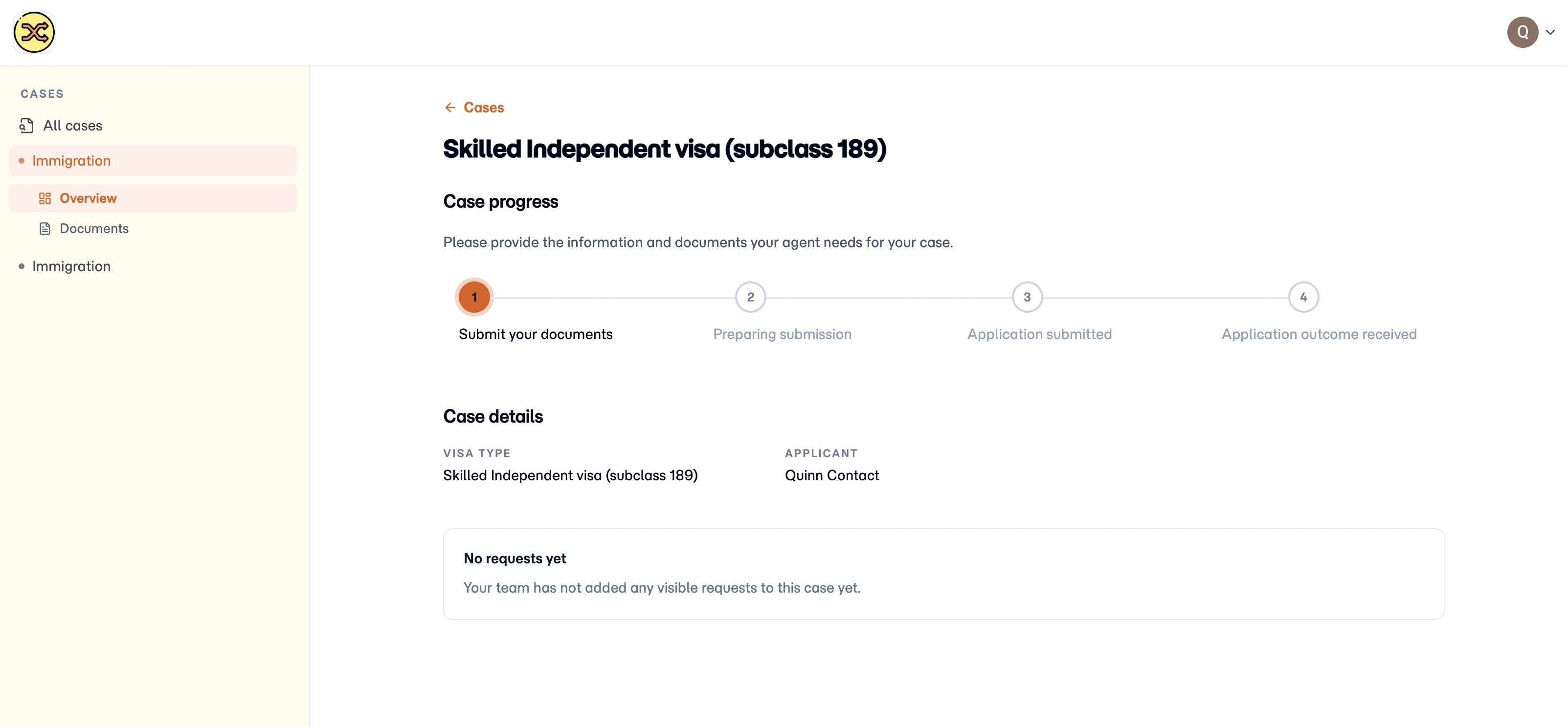 Branded client portal showing case progress and custom practice styling.