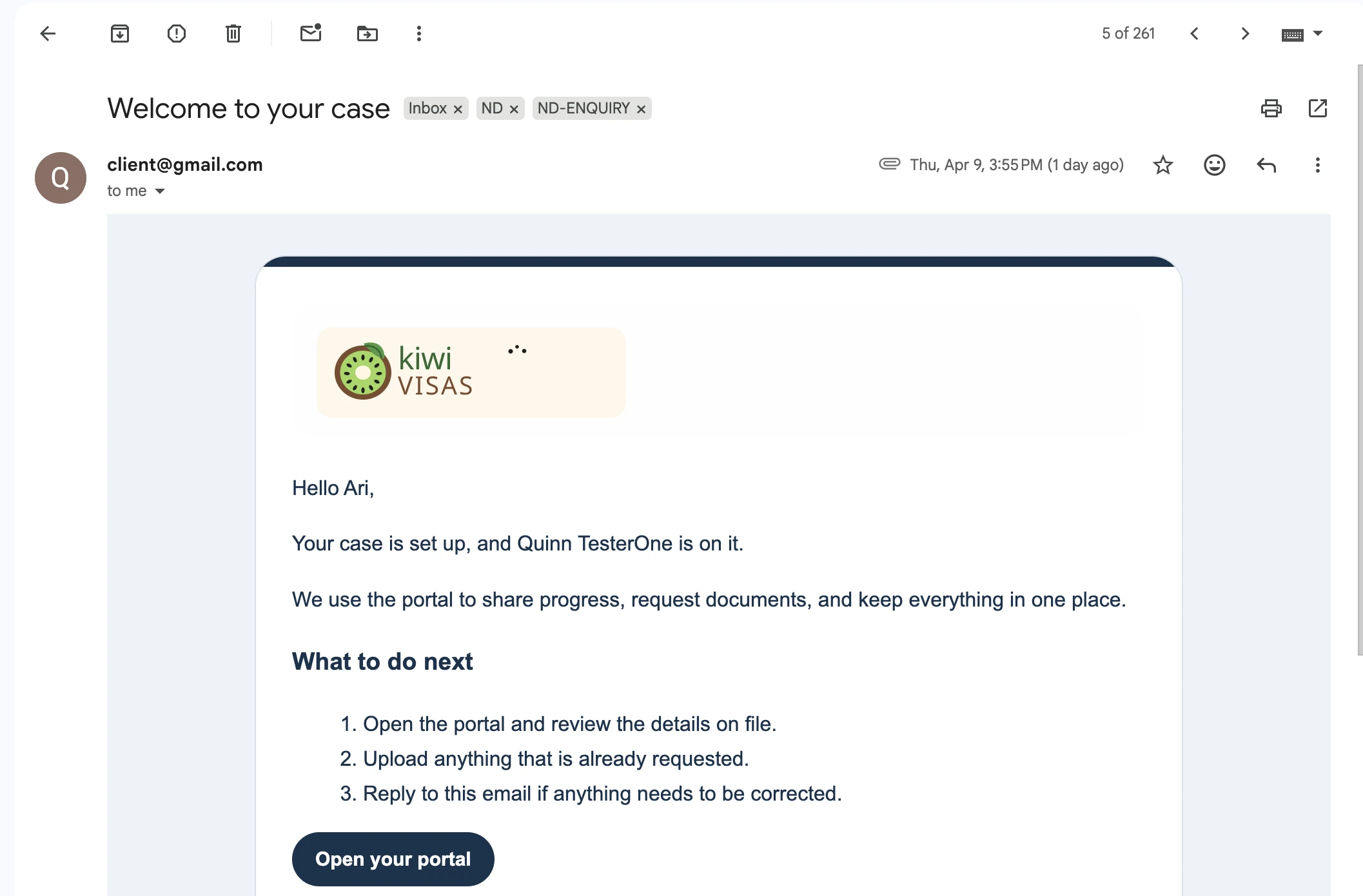 Branded Matter welcome email with an Open your portal button and a short list of next steps for the client.