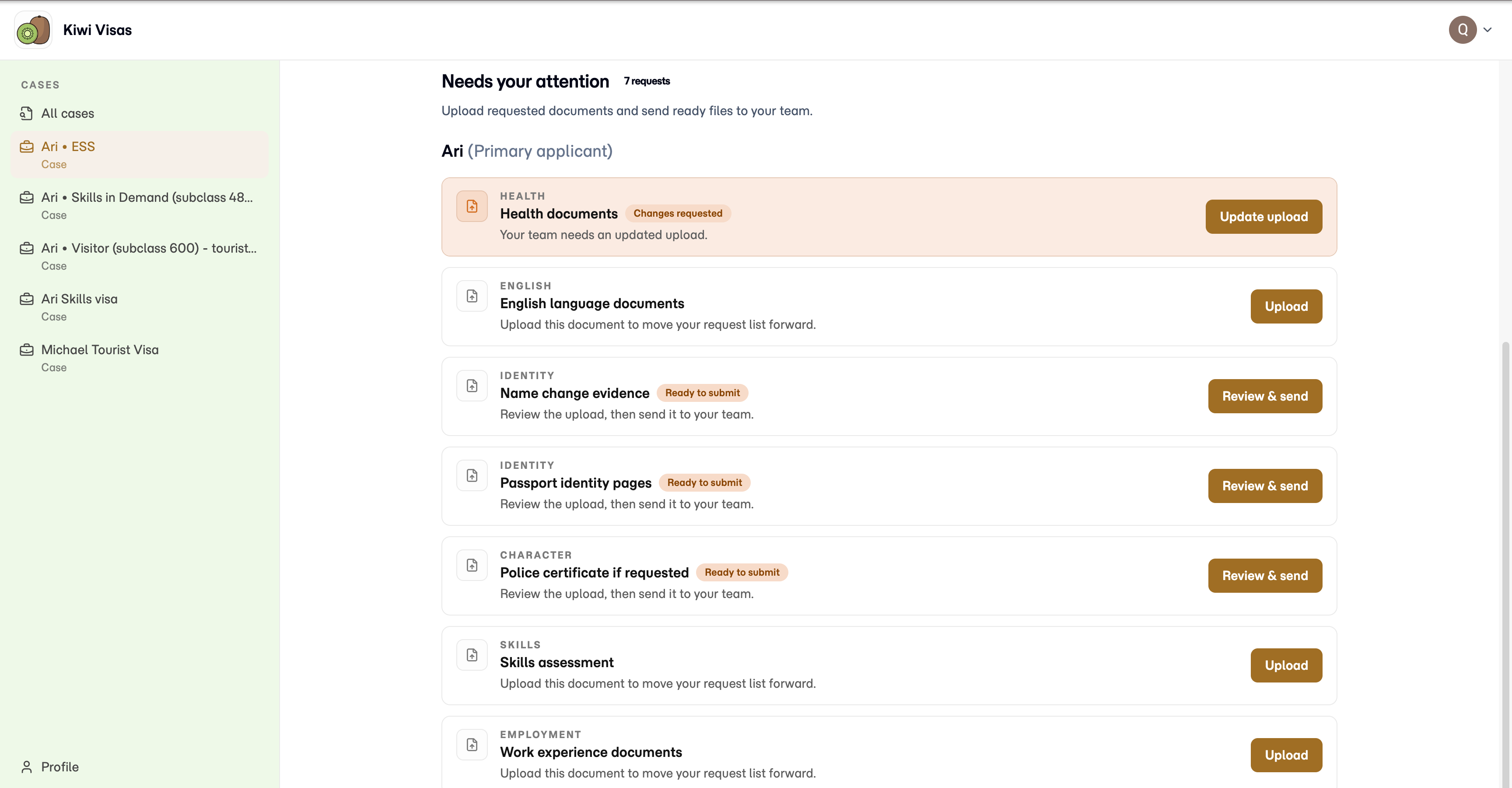 Matter client portal showing case progress, case details, and a list of requested documents needing attention.