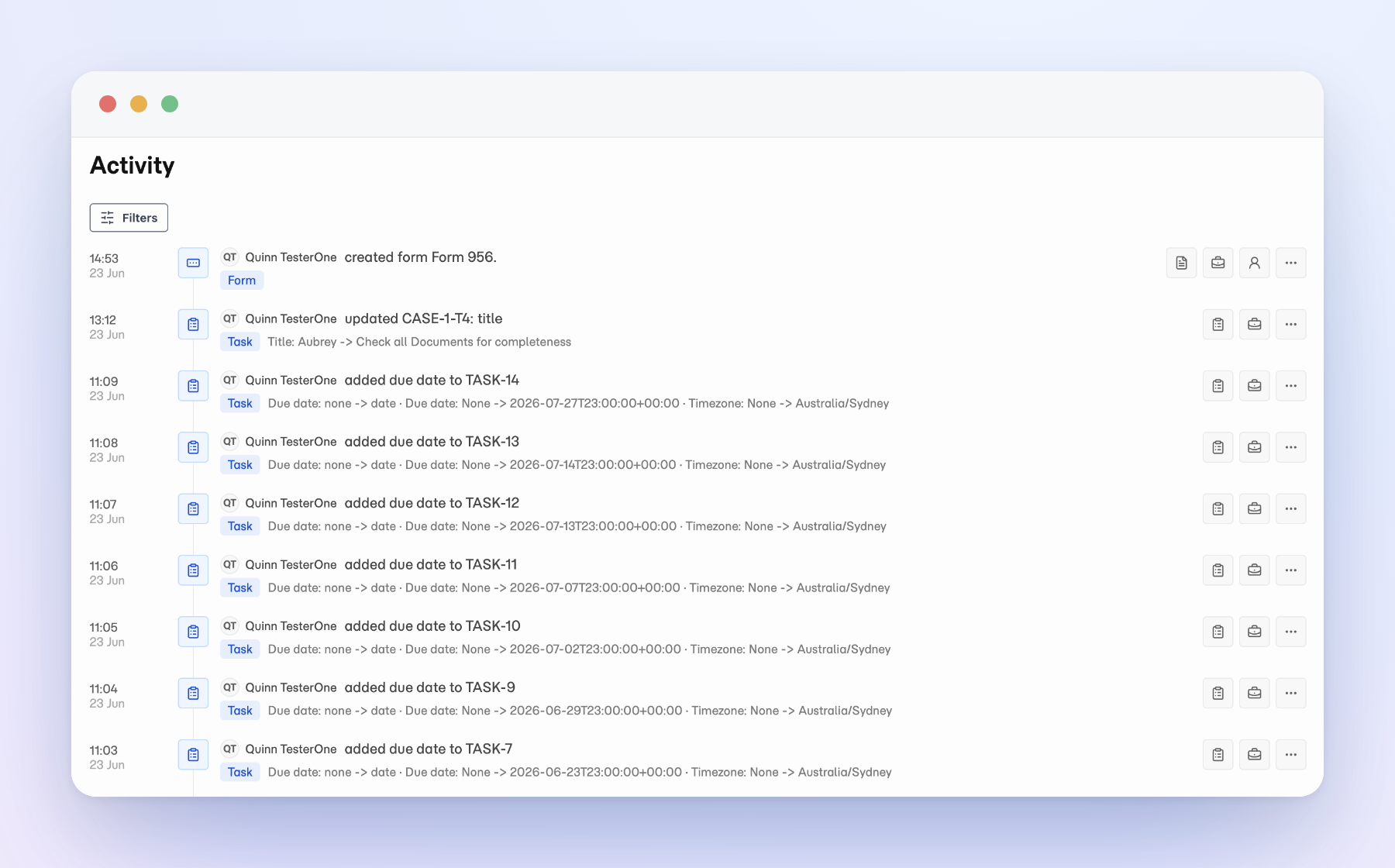 Matter activity feed showing each action on a case with who did it and when.