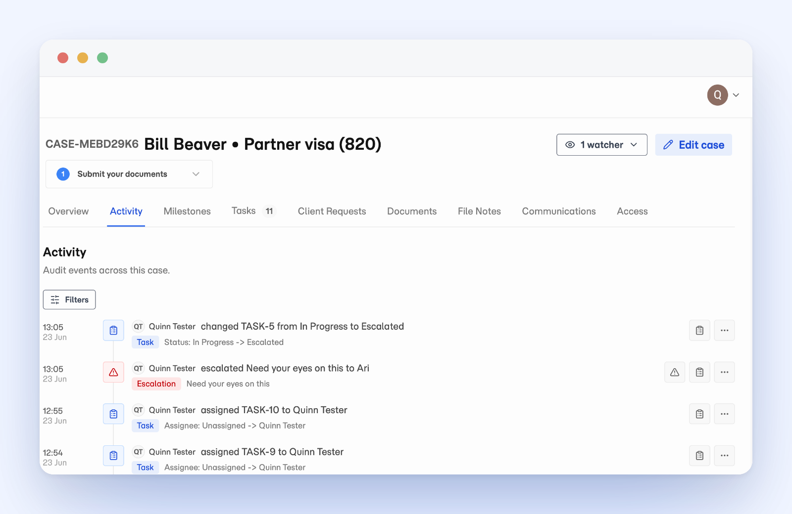 Activity tab on a single immigration case, showing a dated trail of task status changes, escalations, and assignments with timestamps, actor initials, and old-to-new value details