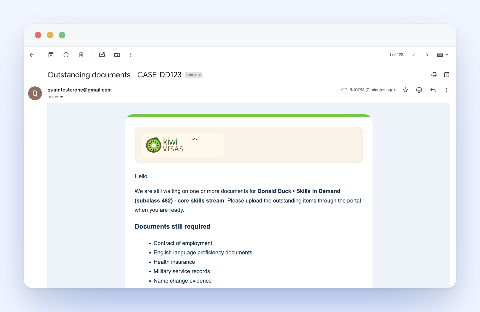 Reminder email in a client inbox, branded to the practice, naming the client and matter and listing the documents still required, such as contract of employment, English language proficiency documents, and health insurance.