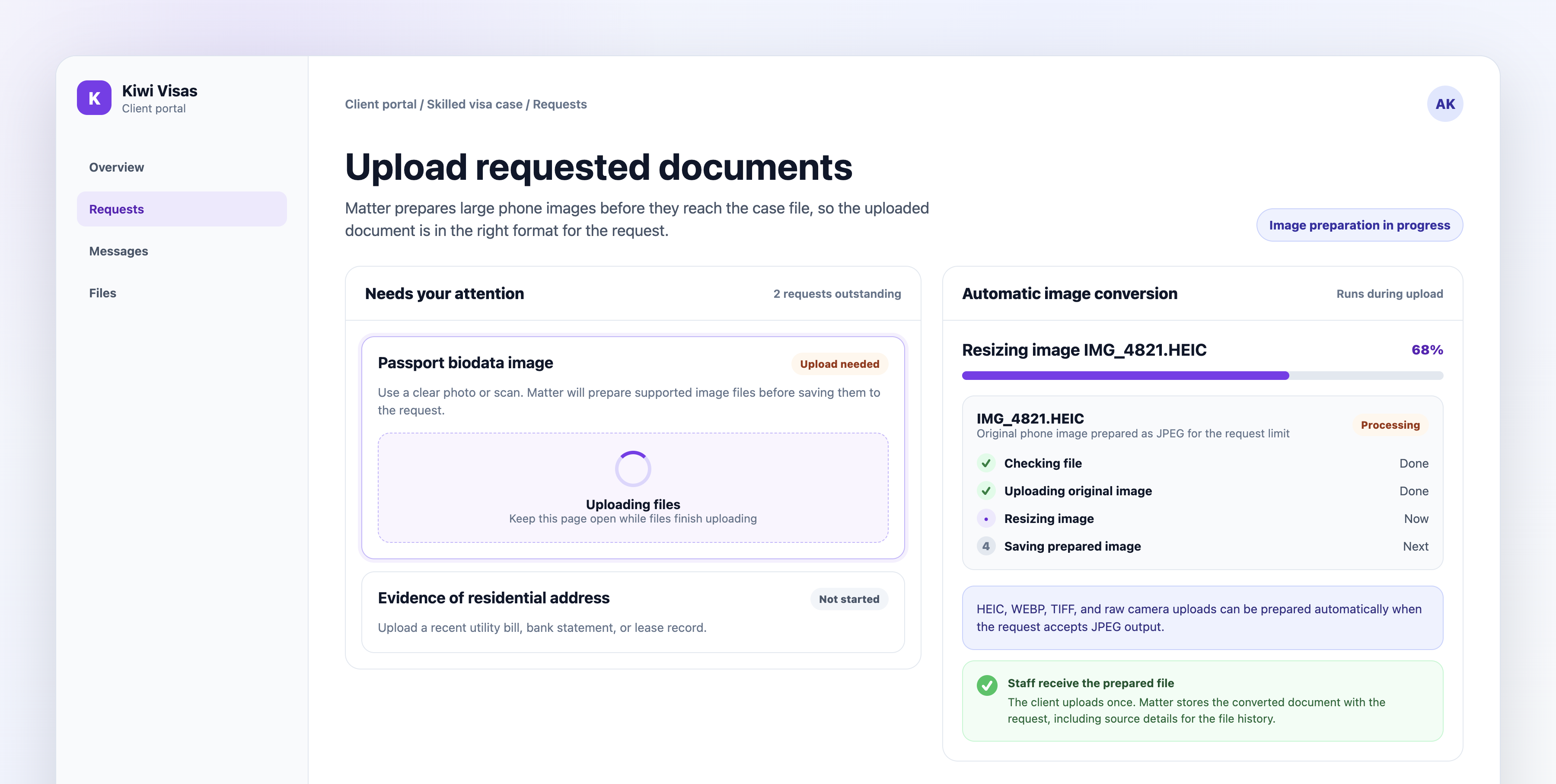 Matter client portal upload screen showing automatic image conversion progress for a HEIC file, including checking, uploading, resizing, and saving steps.