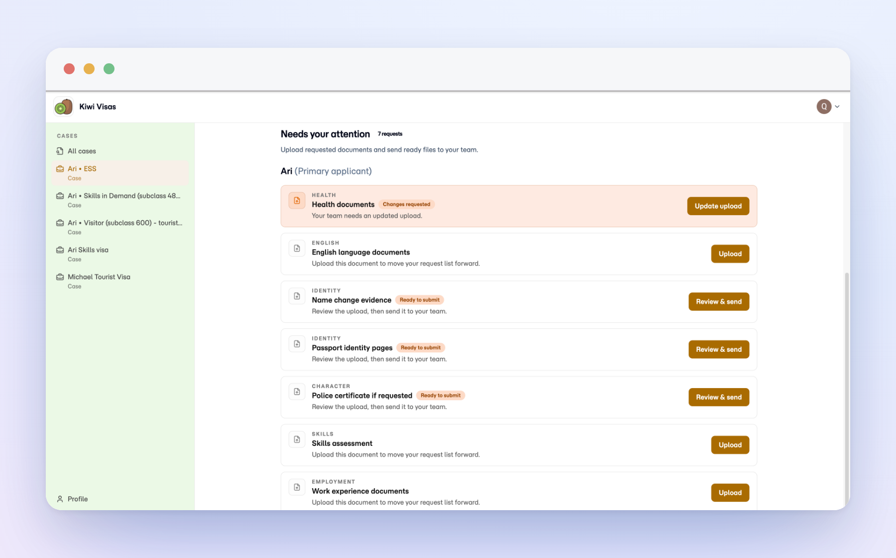 Matter client portal showing case progress and requested documents.